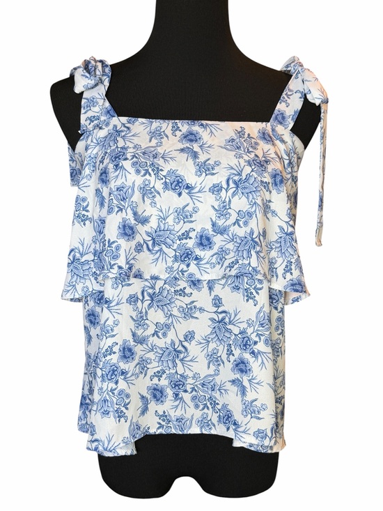 Pink Lily Tops - Pink Lily Blue White Floral Tie Strap Tank Top Size L Cottagecore Ruffle Blouse